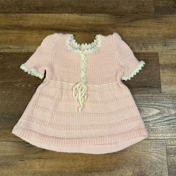 VTG Hand-Knitted Pink & White Baby Dress Short Sleeve Girls 12-18 mo Bow Buttons - Picture 1 of 6